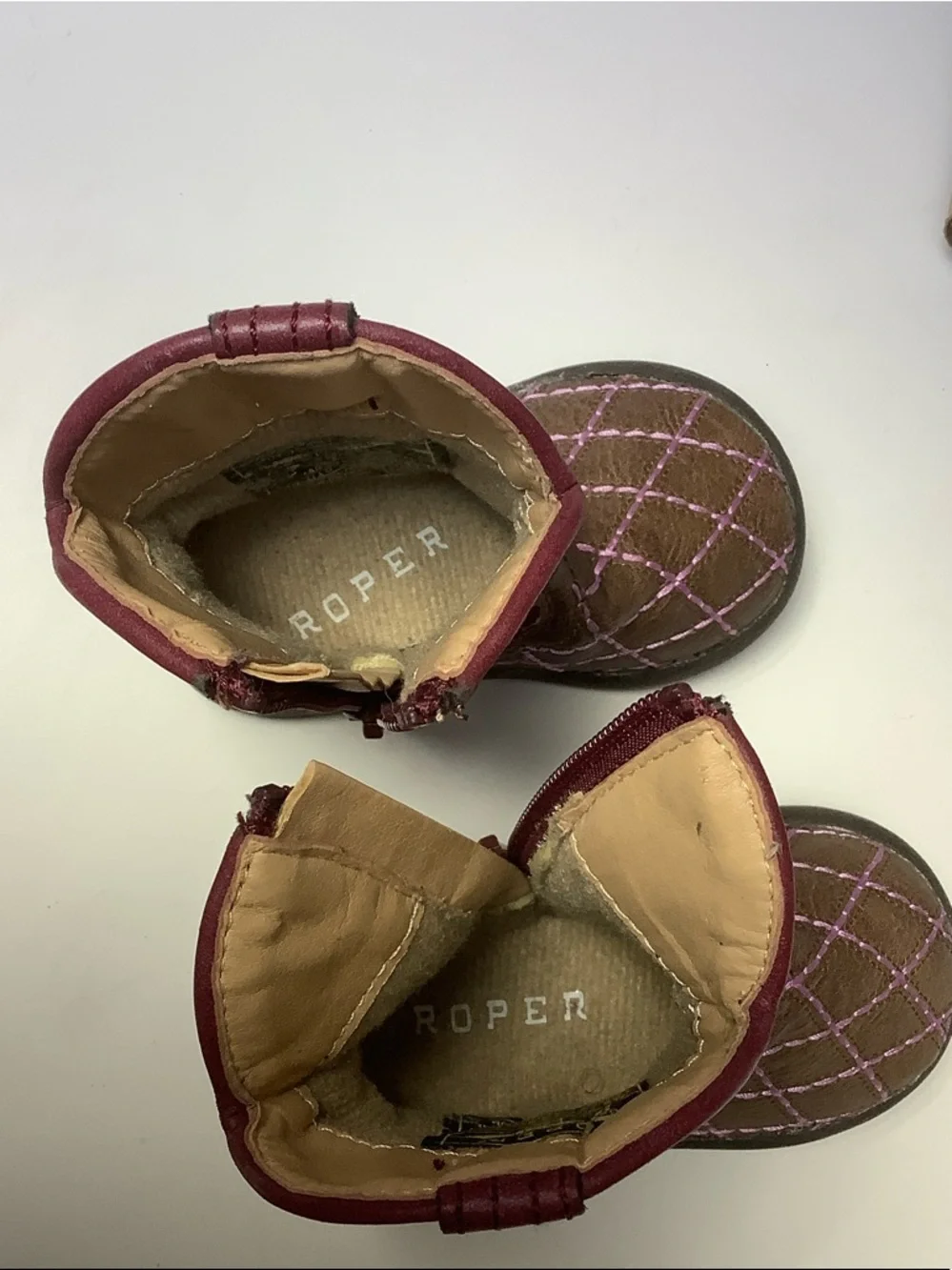 Roper Cowbabies Brown Burgundy Western-Style Boots Pink Stitching Baby Size 3
